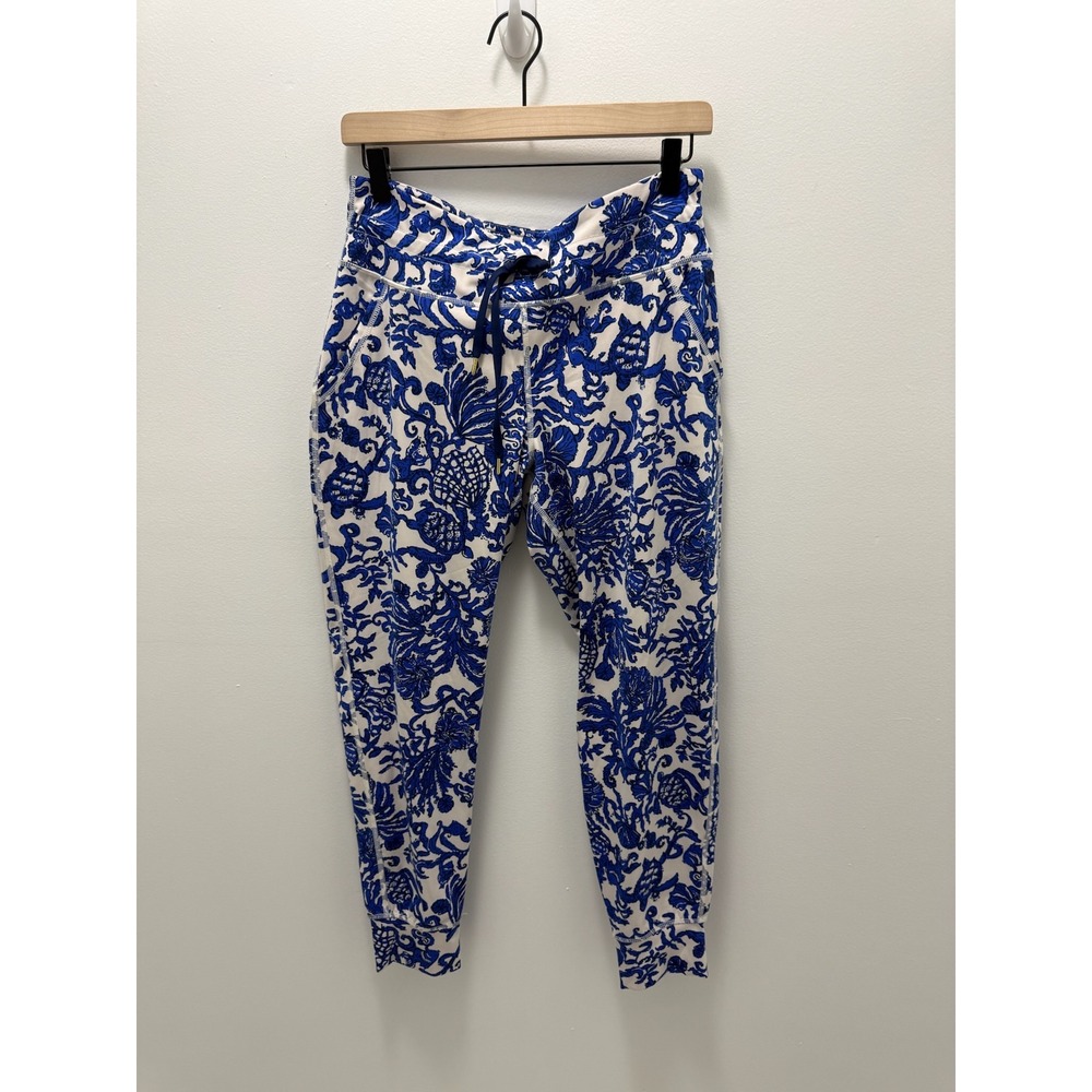 Lilly Pulitzer Luxletic Leggings Blue White Floral Print Pockets Drawstring L